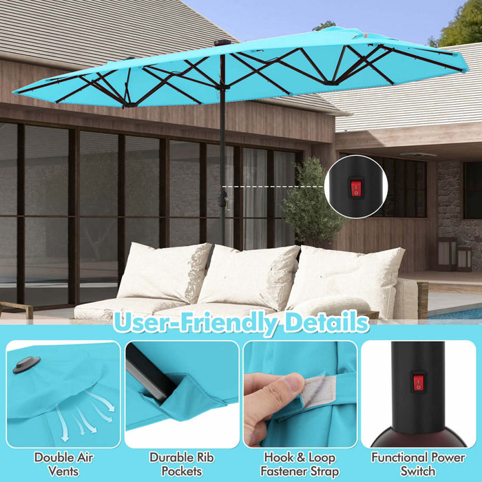 Parasol double face Costway 13 pieds avec lumiere solaire, manivelle et base de parasol turquoise