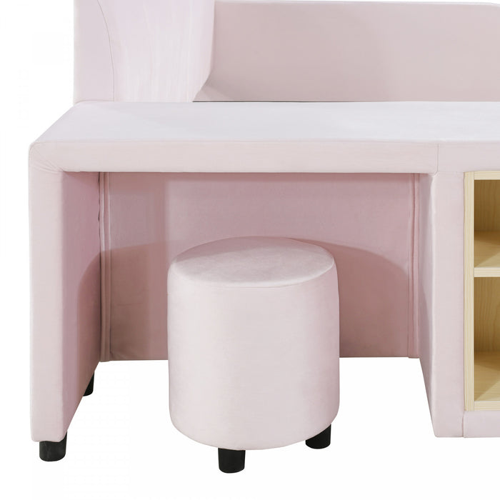 Lit Lily en velours rembourre avec bureau et tabouret, taille Full, rose