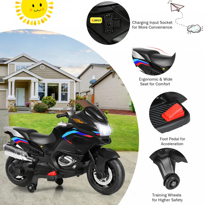 Moto Electrique 12v Pour Enfants Avec Roues D'entrainement Et Eclairage, Noir
