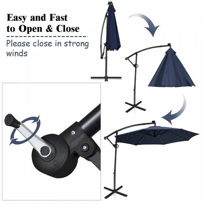 Costway Parasol deporte de patio de 10 pieds, alimente par energie solaire, LED, rotation a 360 degres, aluminium, bleu marine