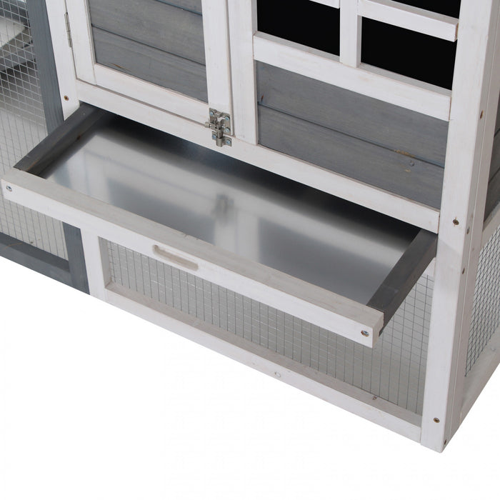 Pawhut 48\" Cage A Lapins Clapier En Bois Resistant Aux Intemperies Avec Toit Incline Et Enclos Exterieur Grillage, Gris