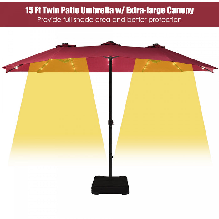 Costway Parasol de marche double-face solaire LED 15Ft Patio avec manivelle pied Bourgogne