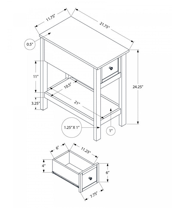 Table de bout et d’appoint étroite de style transitionnel à 2 niveaux, avec tiroir de rangement et placages blanc antique et bruns pour la chambre à coucher