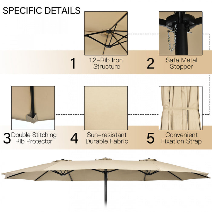 Parasol de patio jumeau double face Costway de 15 pieds, marche exterieur avec manivelle et base beige