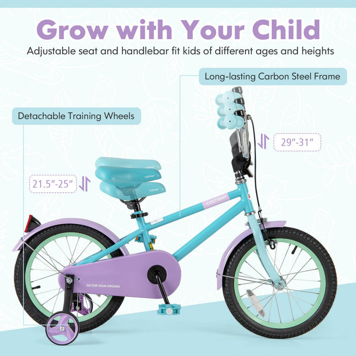 Costway 16\" Velo Pour Enfants Avec Guidon Reglable De Selle Roues D'entrainement Amovibles Frein A Main Bleu