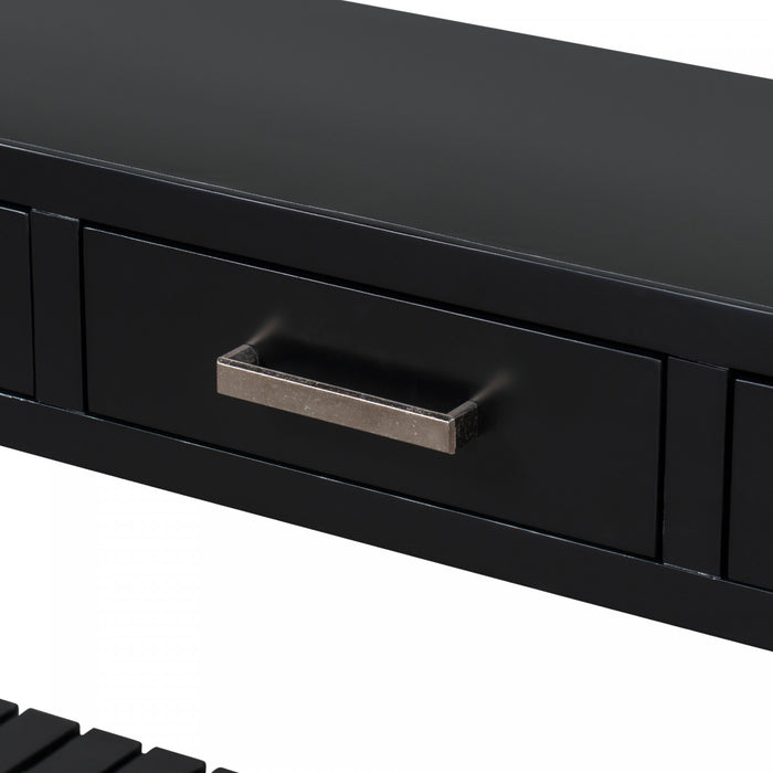 Table d'entree Ava 62,2'' avec tiroirs et etageres ouvertes, noire