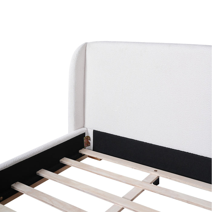 Lit plateforme Lucas a profil bas en boucle avec tete de lit a oreilles rembourree, taille king, blanc