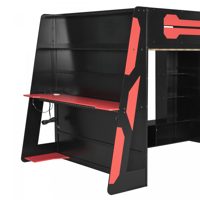 Olivia Lit mezzanine en bois avec bureau et etageres de rangement multiples, Lumiere RGB, Rouge