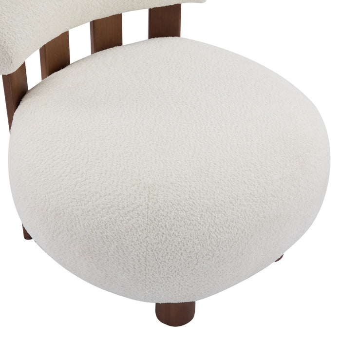 Nube Fauteuil d'Appoint Moderne en Bouclette a Dossier Courbe et Quatre Pieds, Blanc Casse, Noyer