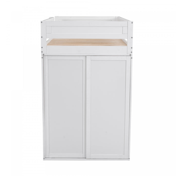 Lit Mezzanine En Bois Massif Jeffrey Avec Armoire, Bureau Et Tiroirs, Blanc