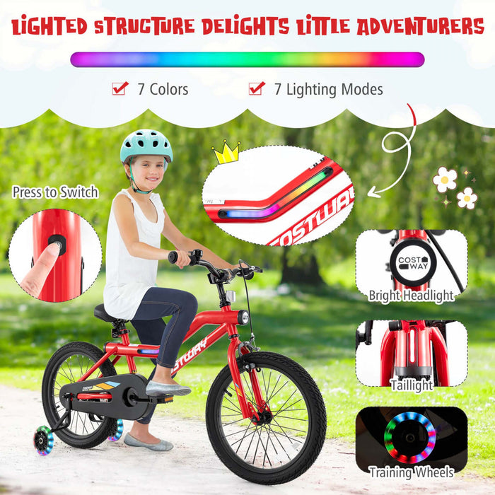 Costway 18\" Led Eclaire Velo Pour Enfants Avec Siege Reglable Coaster Frein Roues D'entrainement Rouge