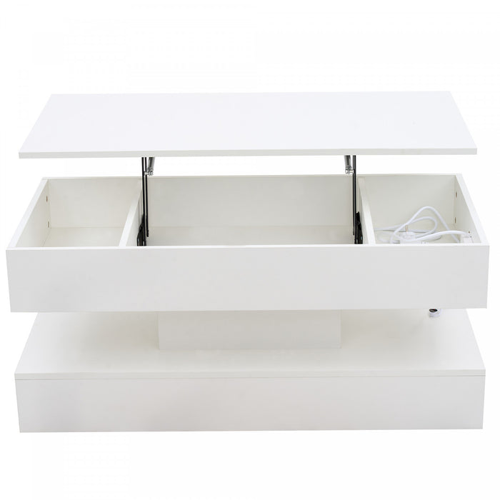 Flexi Table Basse Relevable Hydraulique 39.9 po avec Eclairage LED et Rangement Cache, Blanc