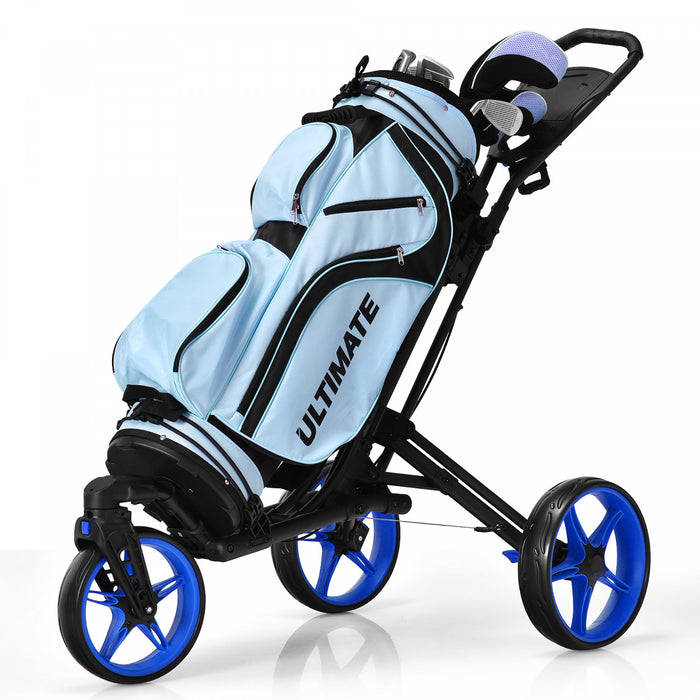 Goplus Pliant Golf Pousser Chariot W / Tableau De Bord Poignee Reglable Roue Pivotante Bleu