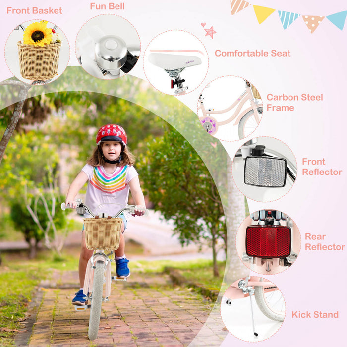Costway 18\" Velo Enfant Avec Roues D'entrainement Reglable Guidon Siege Frein A Main Rose