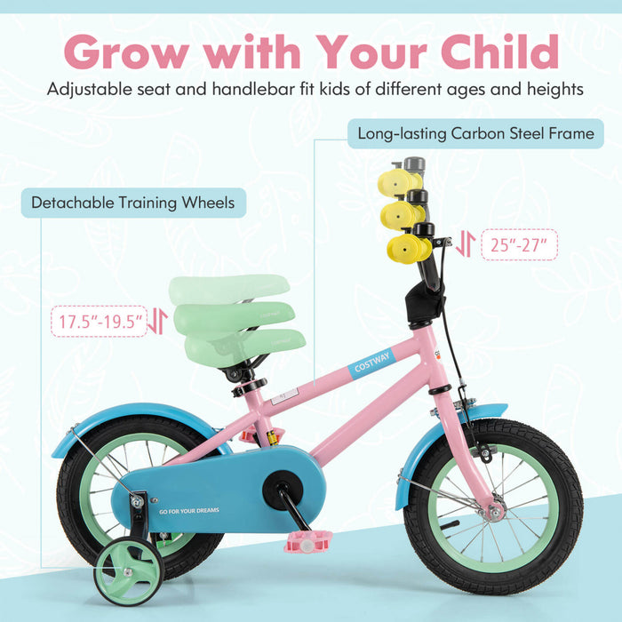 Costway 12\" Velo Pour Enfants Avec Guidon Reglable De Selle Roues D'entrainement Amovibles Frein A Main Rose