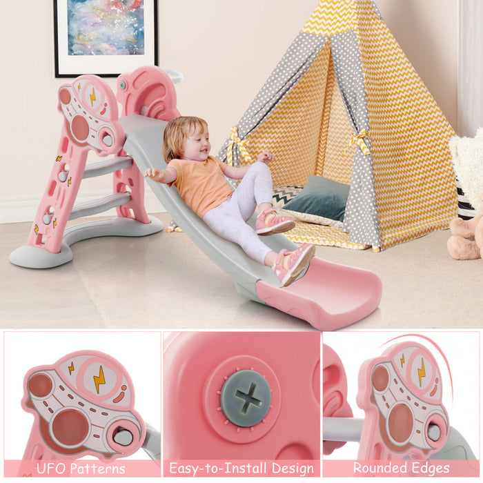 Costway 3-en-1 Enfants Coulisse Interieure Avec Cercle De Basket-ball Et Basket-ball, Zone Tampon Sure Rose