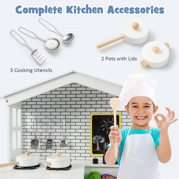 Ensemble De Cuisine De Jeu, Jouet De Cuisine En Bois Avec Tableau Noir Supplementaire, Belles Fenetres, Etageres De Rangement Et Crochets, 5 Pieds En Bois Massif, Ensemble De Cuisine Fictive Pour Les Tout-petits De 3 Ans Et Plus, Blanc