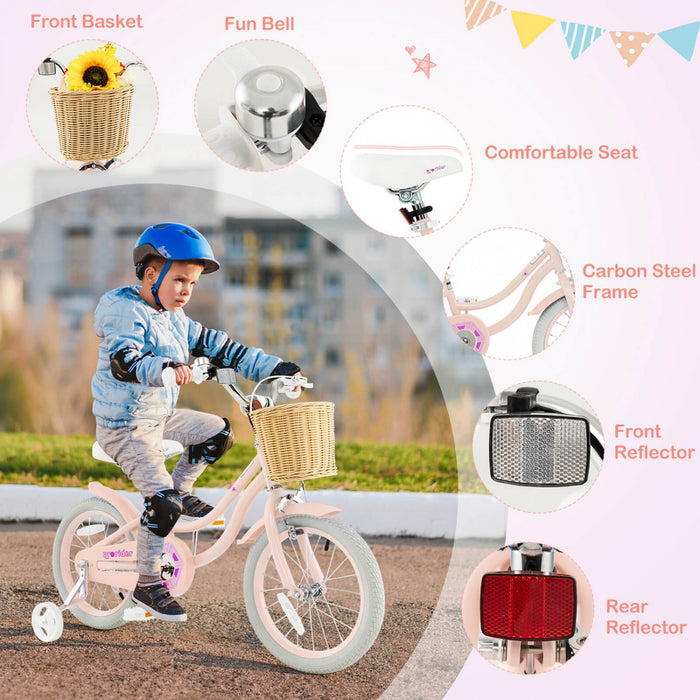 Costway 16\" Velo Enfant Avec Roues D'entrainement Reglable Guidon Siege Frein A Main Rose