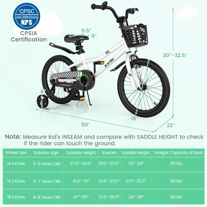 Velo Costway 18\" Pour Enfants Avec Roues D'entrainement Amovibles Et Panier Pour 4-8 Ans Blanc