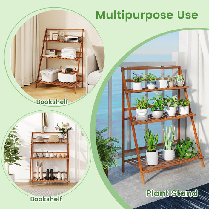 Costway Etagere Pliante A 3 Niveaux Presentoir Pour Pots De Fleurs En Bambou Range-livres / Organisateur