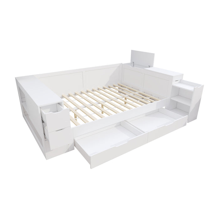 Banquette-lit Mason avec tete de lit de rangement et cadre de lit multifonctionnel avec rangement, taille full, blanc