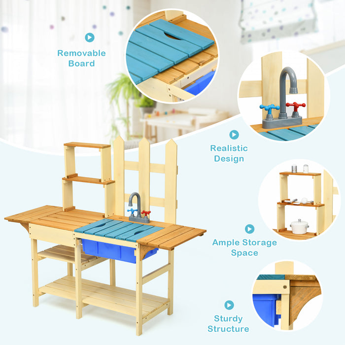 Cuisine Enfants En Bois A L'exterieur, Jeu D'imitation Avec Robinet Et Bassin, Ideal Pour Garcons Filles De Plus De 3 Ans Dans Terrasse, Jardin, Cour, Salon, 109x38x100 Cm