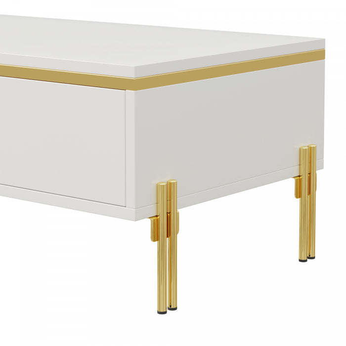 Lustra Table Basse Moderne Haute Brillance 39.4 po avec Double Tiroirs et Accents Dores, Blanc