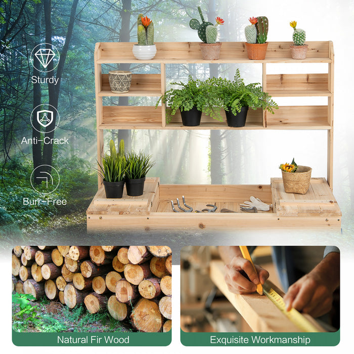 Table Pour Plante En Bois Avec Plateau Rabattable, Etageres Et 3 Crochets, Table De Rempotage Pour Serre / Jardin / Terrasse, Table De Jardinage, Capacite De Charge 150 Kg, 110x50x153cm