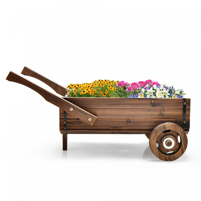 Jardiniere En Bois En Forme De Brouette, Chariot Decoratif Avec Roues, Poignees, Trou De Drainage, Support De Pot De Fleurs, Pot De Fleurs Rustique, Interieur Et Exterieur, Jardin, Terrasse, Balcon, Style Brouette