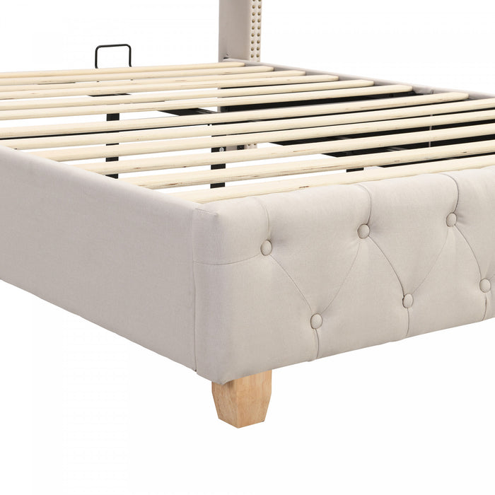 Lit plateforme en lin Haley avec tete de lit a ailes classiques et capitonnage en diamant, taille Full, beige