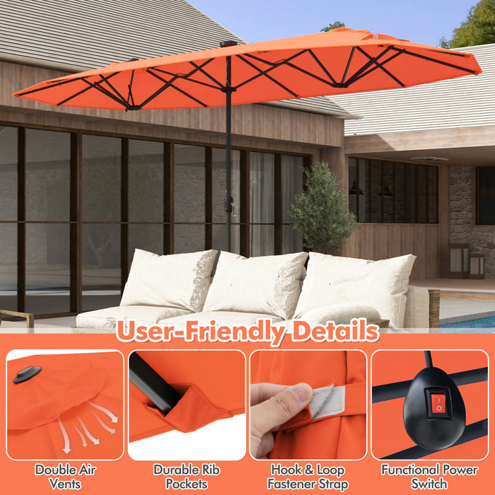 Costway Parasol de patio double face de 13 pieds avec lumieres solaires, manivelle, base de parasol orange