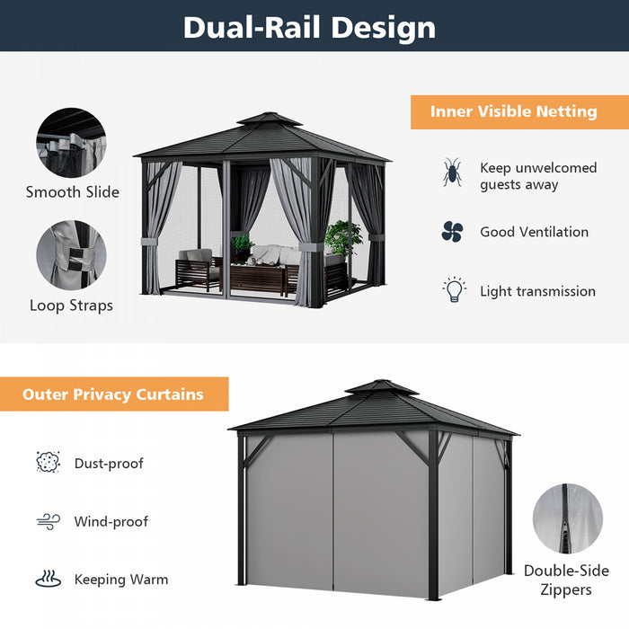 Costway 10’ X 10’ Patio Double Top Hardtop Gazebo Toit En Acier Galvanise Cadre En Aluminium