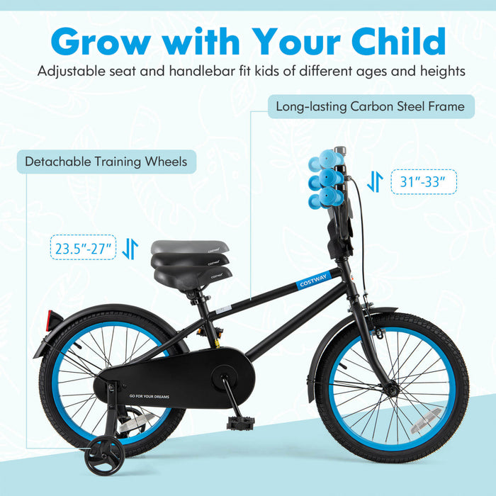 Costway 18\" Velo Pour Enfants Avec Guidon De Selle Reglable Roues D'entrainement Amovibles Frein A Main Noir