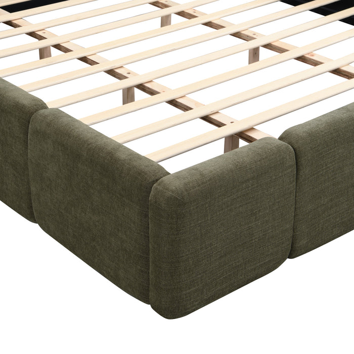 Lit plateforme Toby en tissu lin avec tete et pied de lit epaissis, taille king, vert