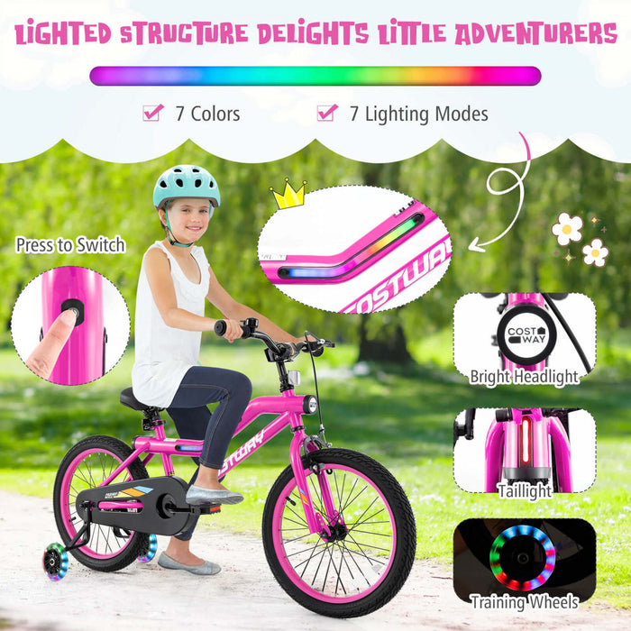 Costway 18\" Led Eclaire Velo Pour Enfants Avec Siege Reglable Coaster Frein Roues D'entrainement Rose