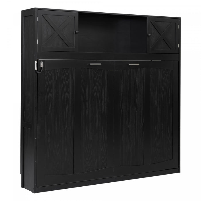 Lit escamotable Ethan en bois massif avec armoires de rangement, taille queen, noir