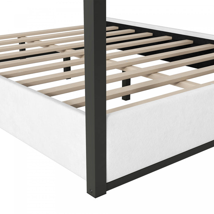 Lit plateforme Sophia a baldaquin avec tete de lit en mousse et velours, taille queen, noir