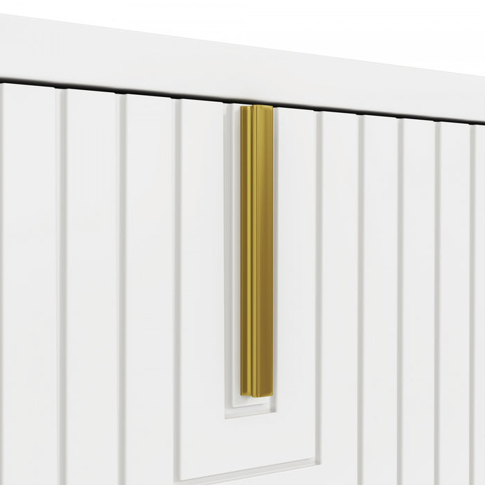 Aspect Meuble TV 63 po avec Portes Texturees et Pieds Dores, Blanc