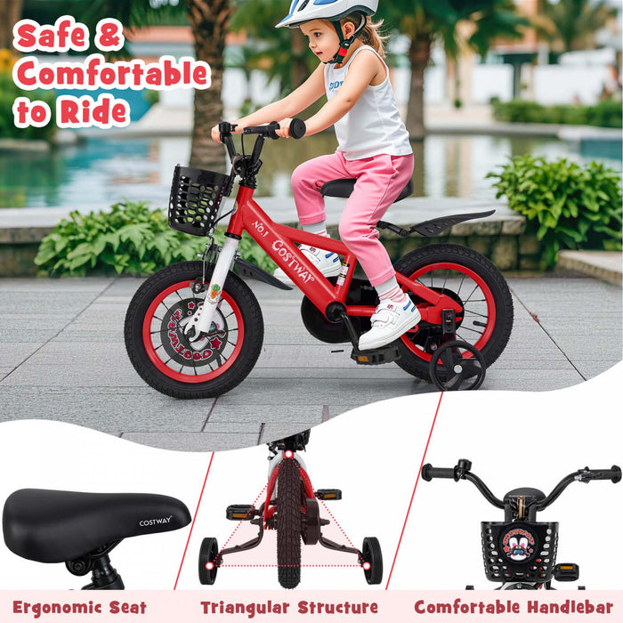 Costway 12\" Velo Pour Enfants Pour 3-4 Avec Guidon Reglable En Hauteur Et Frein A Main En Selle Rouge