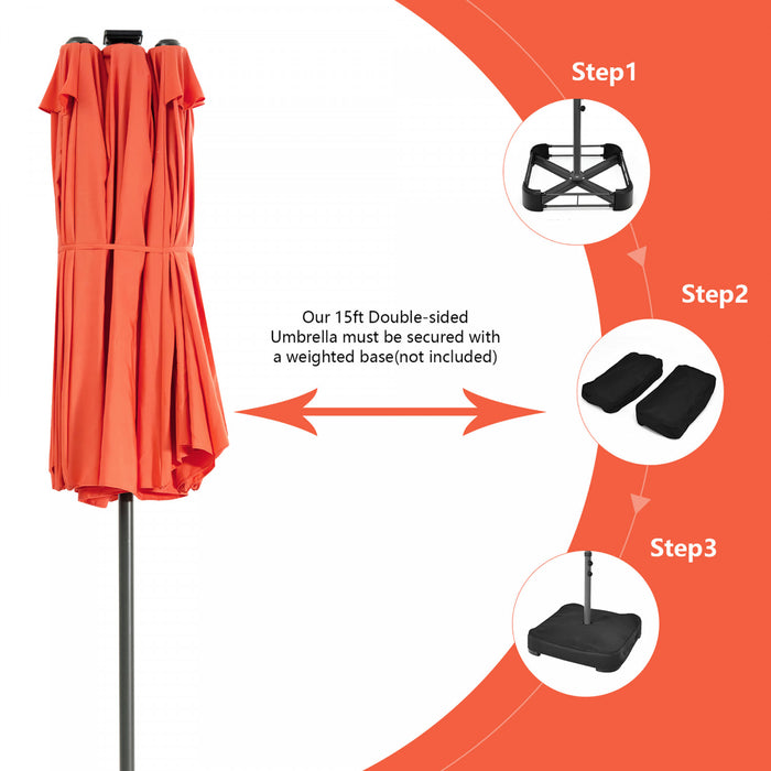 Costway Parasol double face jumeau 15FT pour patio avec 48 LED solaires a manivelle Orange