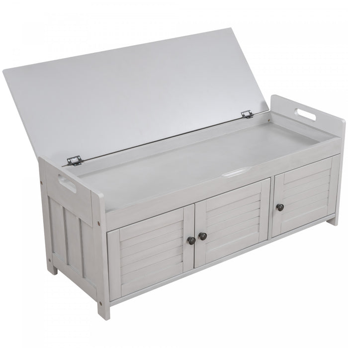 Banc De Rangement Olivia En Pin Avec Meuble A Chaussures 3 Portes Et Compartiment Cache, Gris Patine