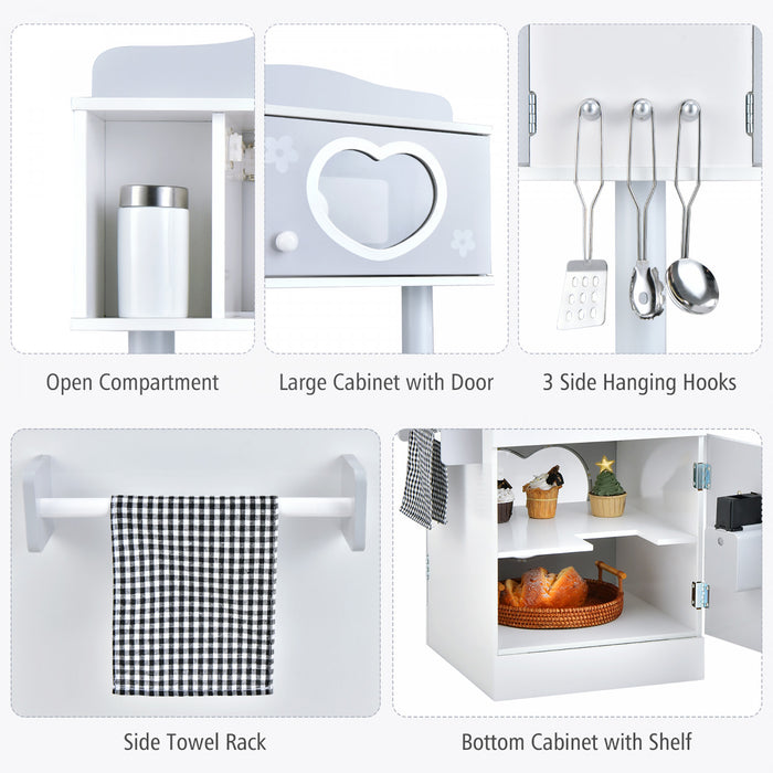 Jeu De Cuisine Pour Enfants Double-face, Ensemble De Jeu De Role 2-en-1 Avec Accessoires, Cuisiniere Et Evier, Distributeur De Glace, Jeu De Cuisine En Bois Pour Role-play, Pour Garcons Et Filles De 3 Ans Et Plus, Blanc