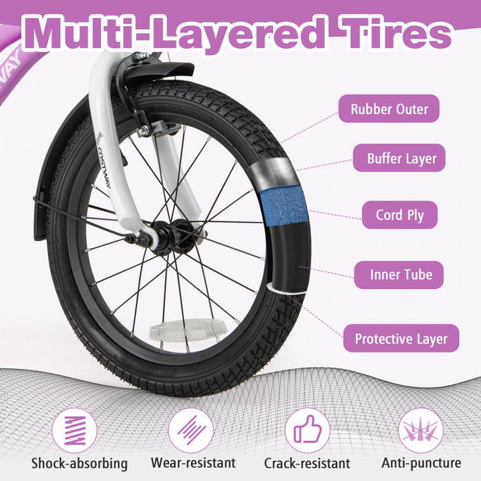 Costway 16\" Velo Pour Enfants Pour Garcons Et Filles De 4 A 7 Ans Avec Reflecteurs De Frein A Main Reglables Violet