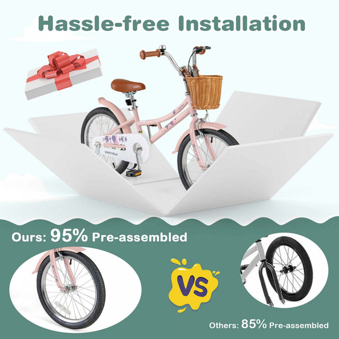 Costway 18\" Velo Enfants Avec Guidon Reglable En Hauteur Siege Panier Cloche Roues D'entrainement Rose