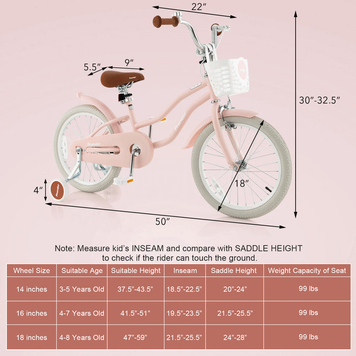 Costway 18\" Enfants Velo Tout-petit Velo Avec Roue D'entrainement Pour 4-8 Ans Vieux Rose