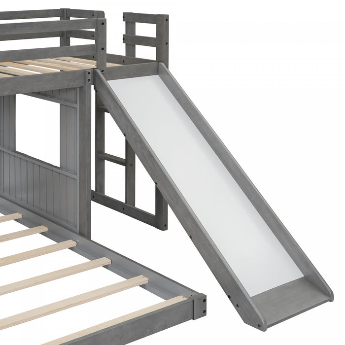 Lit Superpose Marico En Bois Massif, Taille Simple En Haut Et Double En Bas, Avec Toboggan, Design Maison De Jeu, Gris Antique
