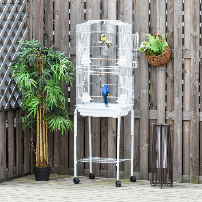 Pawhut 62\" Cage Pour Oiseaux Cacatoes Maison De Jeu Pinson Fournitures Pour Animaux Avec Roues Blanches