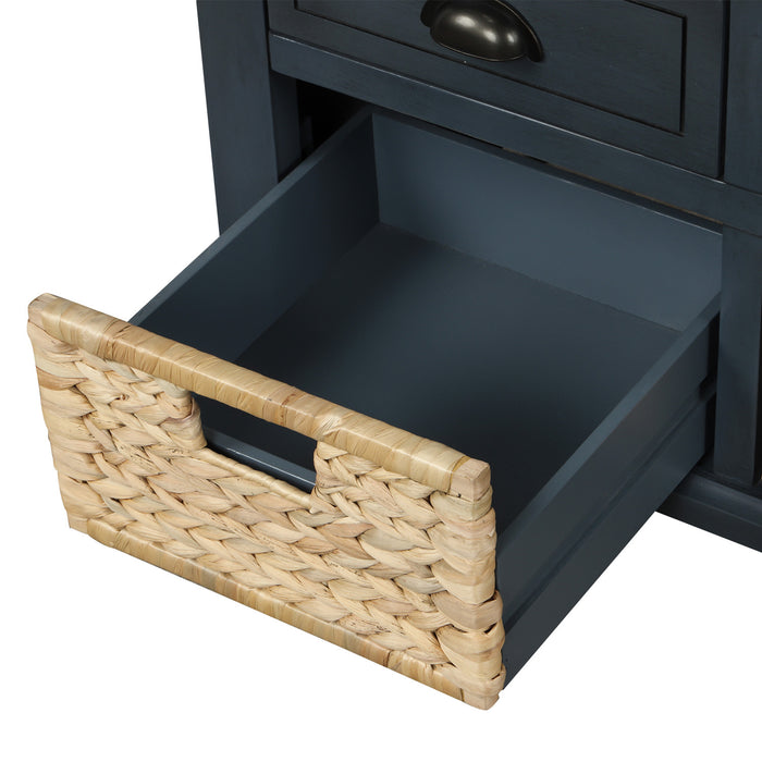 Banc De Rangement Harvey En Bois Massif Avec Tiroirs Et Paniers En Rotin, Bleu Marine Antique