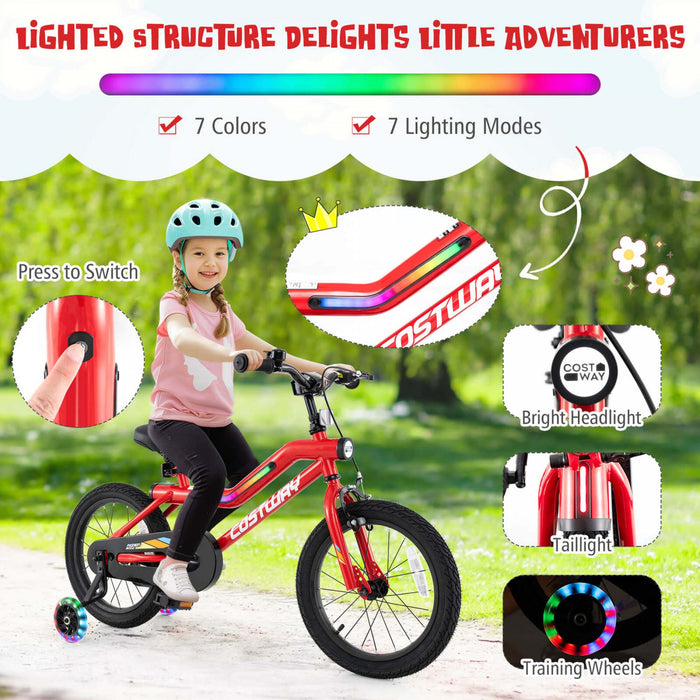 Costway 16\" Led Eclaire Velo Pour Enfants Avec Siege Reglable Coaster Frein Roues D'entrainement Rouge