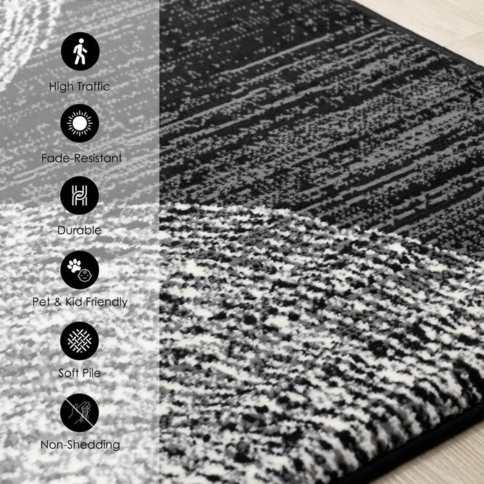 Tapis Florence noir, gris et blanc a motif d'anneaux d'arbre, 6'7\" x 9'6\"